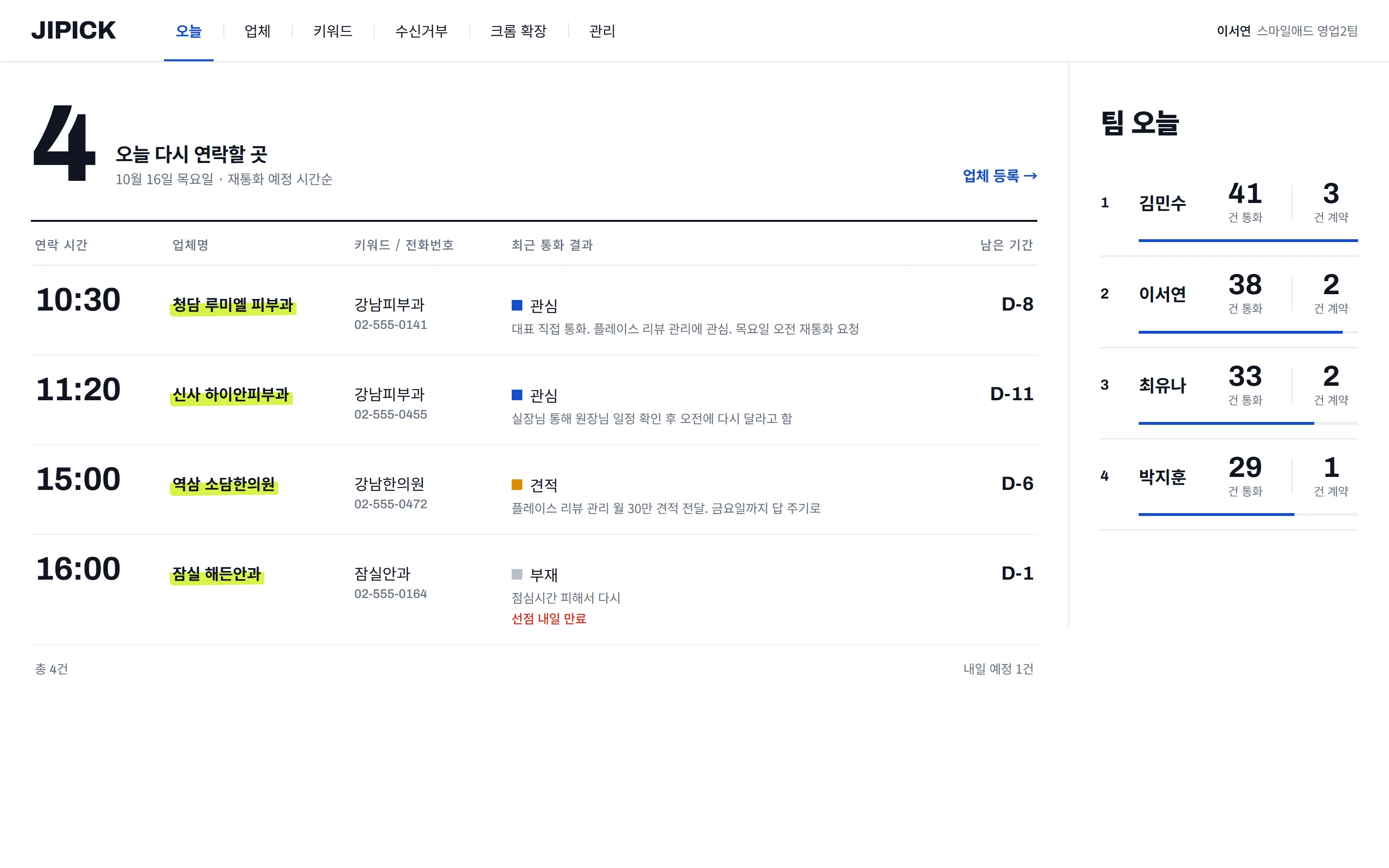 오늘 다시 연락할 업체를 시간순으로 보여주는 지픽 오늘 화면